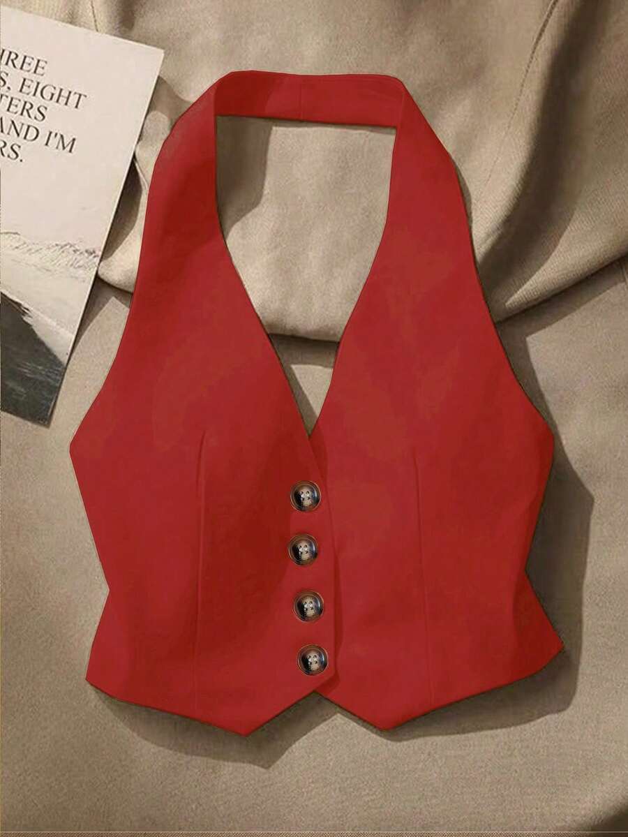 Top sin mangas con espalda descubierta casual para mujer, con botones delanteros, estilo elegante, para verano - Rojo - Ver 1
