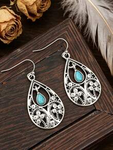 1 Pair Bohemian Style Turquoise Teardrop Earrings, Vintage Hollow Carved Zinc Alloy Ear Jewelry - Antique Silver - View 6