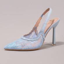 Sepatu Hak Tinggi Bordir Renda, Sandal Hak Tipis Modis Warna Biru Muda untuk Wanita, Sepatu Musim Panas - Baby Blue - View 12