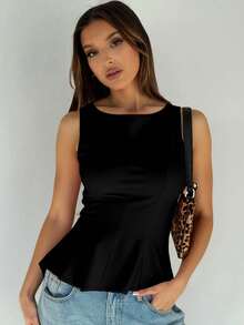 1 pieza Blusa de punto con volantes en el bajo, Uso casual de verano en color rosa - Negro - Ver 2