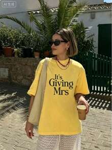 Bachelorette T Shirts Women,Its Giving Mrs Bride To Be Engagement Top,Summer Print Round Neck Short Sleeve,Graphic Tees,Cute,Party Outfit - 黃色 - 查看 9