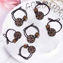 3pcs Girls' Simple Leopard Print Square & Round Buckle Rhinestone Knot Hair Ties, Exquisite Ponytail Hair Bands - Black - View 7