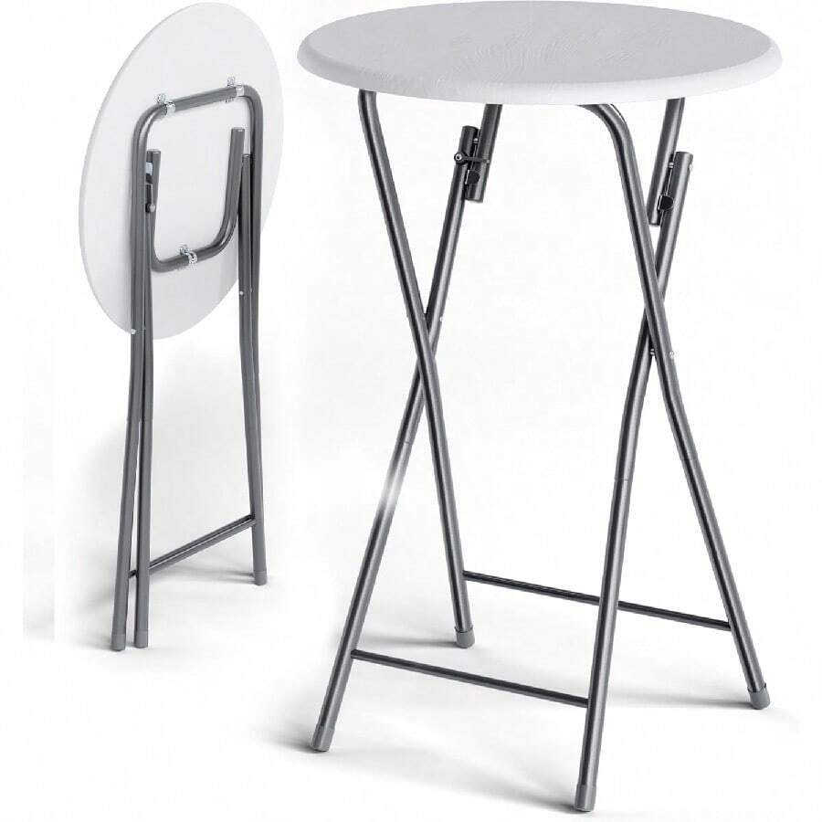 Foldable Marble Effect 60cm Round Bar Table Height 110cm Easy Care White Side Table For Cocktail Dining High Garden Patio Balcony Terrace - 白色木紋效果 - 查看 1
