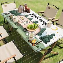 1pc Happy Camping & Picnic Pattern Elastic Tablecloth, Outdoor Camping & Patio Essential, Rectangular Tablecloth With Camper & Nature Design, Durable Tablecloth, Picnic Table Cover - A - View 7