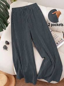 [Free Shipping]Plus Size Striped Heart Print Straight Leg Pants Women's Summer Pants Cute Pants For Woman Pants For Women Casual Wide Leg Pants Woman High Waist Women Pants - 深灰色 - 查看 1
