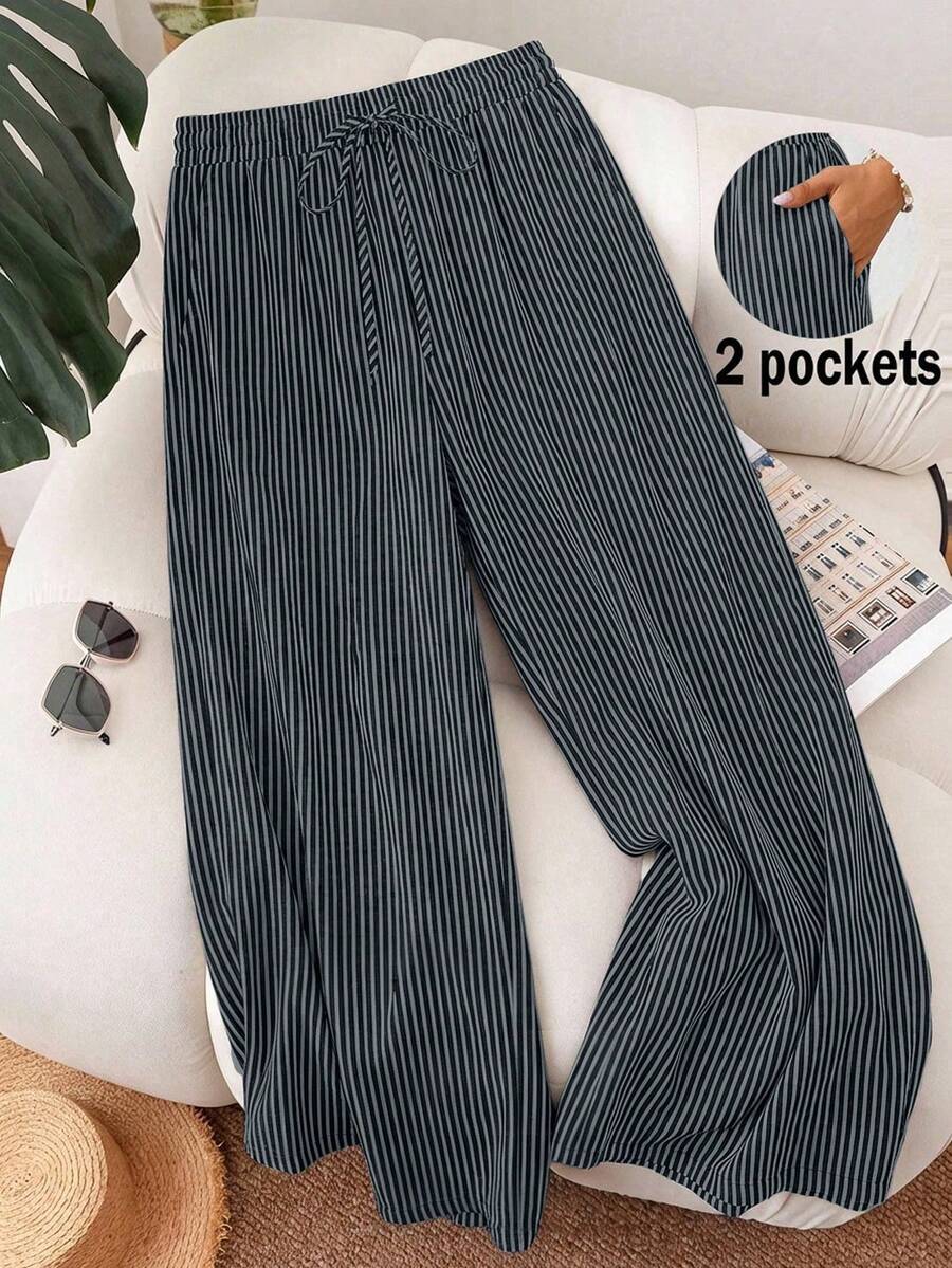 [Free Shipping]Plus Size Striped Heart Print Straight Leg Pants Women's Summer Pants Cute Pants For Woman Pants For Women Casual Wide Leg Pants Woman High Waist Women Pants - 深灰色 - 查看 1