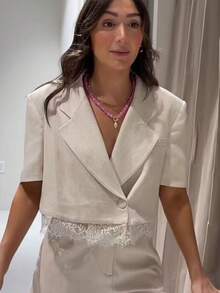 TF.MLN Women's Casual Fashion Solid Color Blazer, V-Neck Single Button Short Lace Blazer Top, Spring/Summer Fashion Top - Off-white - View 4