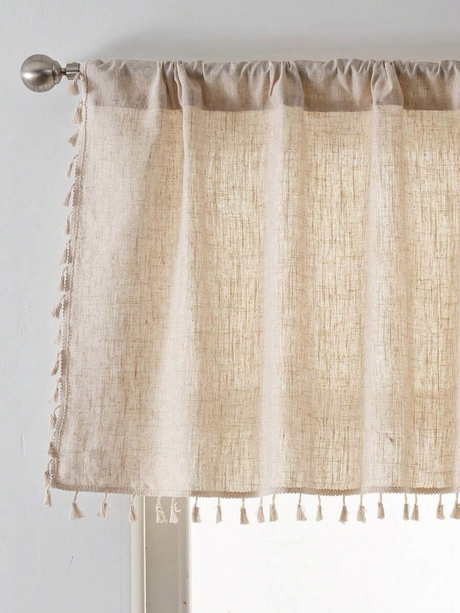 Bubaba Boho Linen Kitchen Valance Curtain With Tassels, Farmhouse Semi Sheer Short Window Curtain Rod Pocket For Kitchen, Bathroom, Cafe, Living Room, Beige, 1 Panel - Beige - View 1