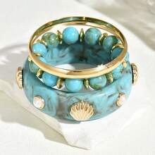 3 piezas Pulsera de resina con degradado de concha azul, pulsera de cuentas hecha a mano, pulsera de metal dorado, joyería de moda para mujer en capas, adecuada para verano, playa, vacaciones, regalo para mamá, novia, mejor amiga - Multicolor - Ver 2