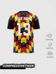 1pc Customized 2026 German Style Football Jersey With Personalized Name And Number - Red Yellow Black Plaid Pattern, Breathable And Comfortable Football Top, Suitable For Men And Teens, Training Customized Men's Sportswear, Perfect Gift For Friends And Family - Red - View 2