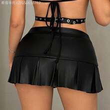 Fengyu Women's Clothing Store  Falda arrugada de PU con hebilla de cinturón de cintura baja y decoración de metal - Negro - Ver 4