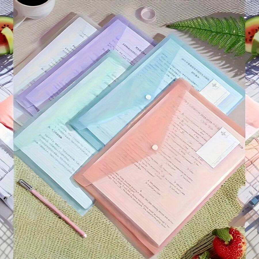 5pcs A4 Translucent Folders, PP Material, With Snap Button, Durable Waterproof File Organizer, Assorted Colors, Suitable For Students And Office Use, School Folders. - 5pcs - View 1