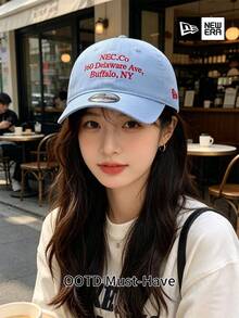New Era 淺藍色文字標誌棒球帽，休閒中性風格，UPF50+，適合校園與夏季街頭穿搭 - 藍色 - 查看 3