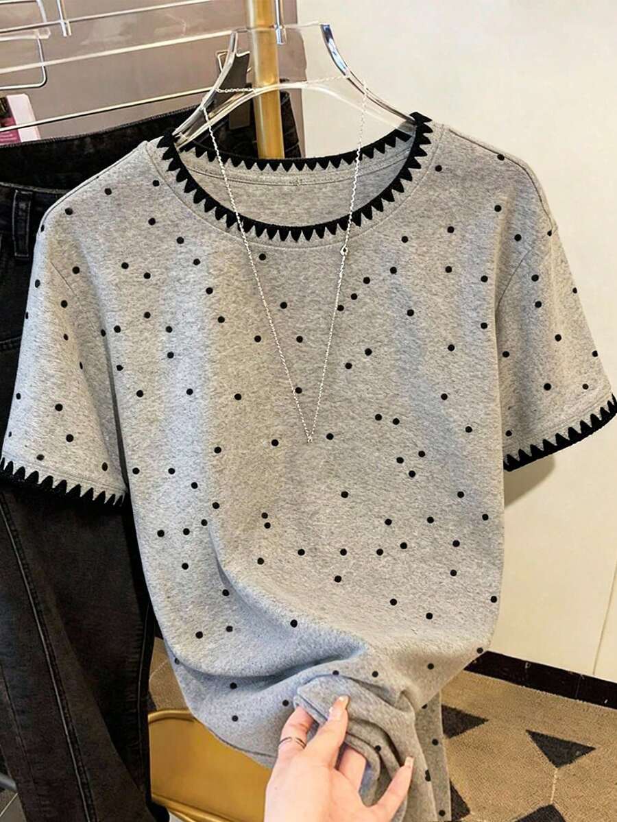 e manga corta con cuello redondo y estampado de lunares para mujer, verano - Gris Claro 2 - Ver 1