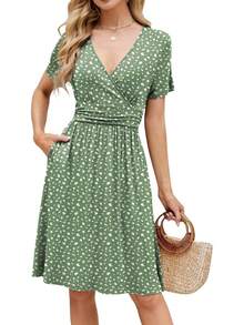 Womens Summer Dresses For Women 2026 Spring Floral Sundress Short Sleeve V Neck Wrap Dress With Pockets Festival Outfits Elegant Dress For Women Dress For Women - 04 鼠尾草綠花卉 - 查看 1