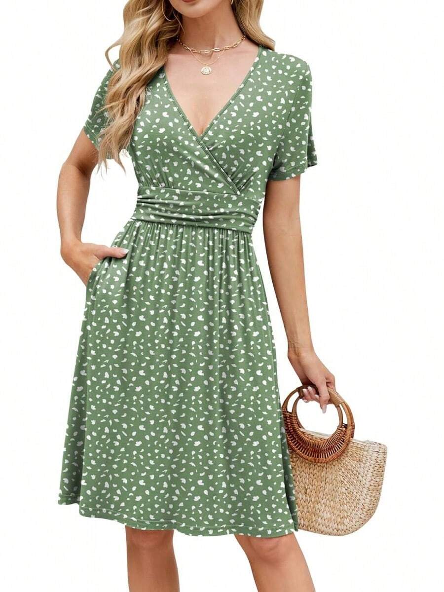 Womens Summer Dresses For Women 2026 Spring Floral Sundress Short Sleeve V Neck Wrap Dress With Pockets Festival Outfits Elegant Dress For Women Dress For Women - 04 鼠尾草綠花卉 - 查看 1