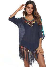 Hand-Crocheted Rainbow-Colored Ringed Bikini With Tassels, Beach Skirt, Beach Cover-Up - Black - View 9