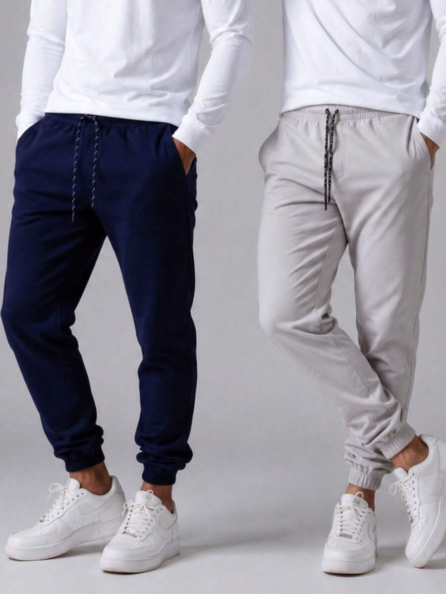 Set Of 2 Men's Slim Jogger Pants With Side Pockets, Drawstring, And Elastane - Navy/Gray - View 1