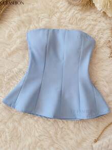 Cropped Strapless Blouse With Ruffles, Elegant Fashion, Blogger Style, Summer Premium Style, No Padding - 淺藍色 - 查看 3