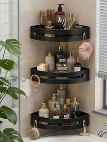 1/2/3pcs No-Drill Corner Shower Caddy, Black/Grey Wall-Mounted Bathroom Storage Rack, Triangular Area Organizer, PP Material, With Drainage Holes, Easy Installation, Suitable For Bathroom - Multicolor - View 2