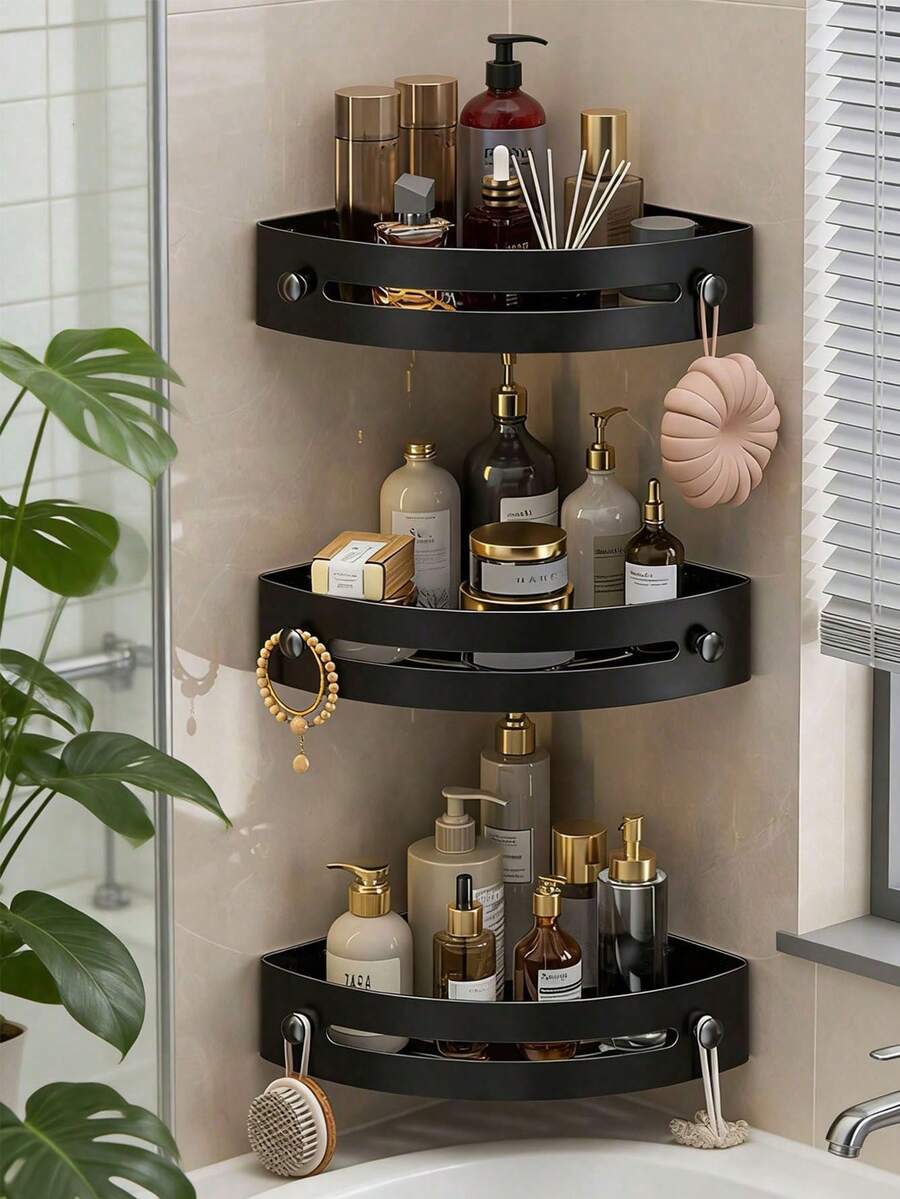 1/2/3pcs No-Drill Corner Shower Caddy, Black/Grey Wall-Mounted Bathroom Storage Rack, Triangular Area Organizer, PP Material, With Drainage Holes, Easy Installation, Suitable For Bathroom
