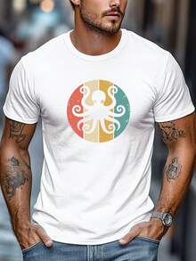 Camiseta de hombre de talla, cómoda y versátil, sencilla y elegante, camiseta de manga corta con cuello redondo y estampado de pulpo para verano. - Blanco - Ver 1