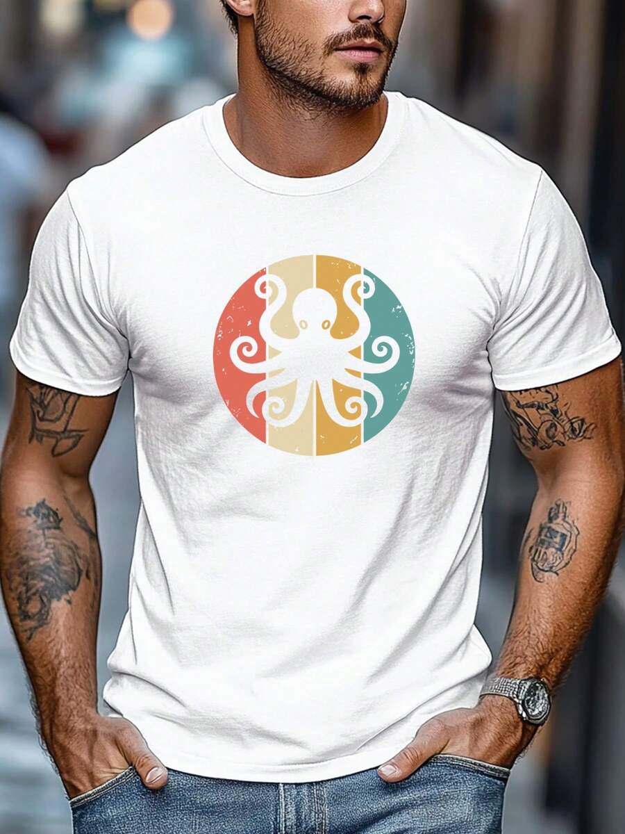Camiseta de hombre de talla, cómoda y versátil, sencilla y elegante, camiseta de manga corta con cuello redondo y estampado de pulpo para verano. - Blanco - Ver 1
