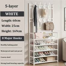 Multifunctional Home Storage Rack, Easy To Assemble Shoe And Hat Organizer, Floor Standing, Hallway Coat Rack, Hallway Shoe Rack, Coat Rack With 4 Shelves And 8 Double Hooks, Suitable For Living Room - White - View 4