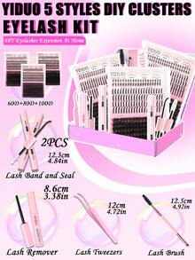 YIDUO 808pcs 3D Lightweight Cluster Eyelash Extension Set, 60D 80D 100D Pointed And Single Eyelashes Large Capacity, Includes 2 Bottles Of Adhesive Sealant And Eyelash Remover, Suitable For Makeup Beginners Home DIY Starter Kit - Multicolor - View 3