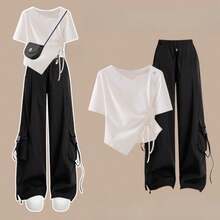 Women Two-Piece Outfits - White Drawstring T-shirt + Black Cargo Pants. - View 3