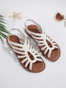 A Pair Of White Cut-Out Roman Flat Sandals, Retro Crisscross Strap Design, Must-Have For Summer Vacations - White - View 6