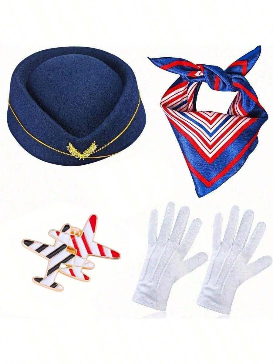 1/2/5件組 假日趣味空服員帽子、圍巾、飛機胸針、手套 Cosplay PE Era 系列空服員服裝配件，空姐優雅套裝，聖誕派對、萬聖節派對