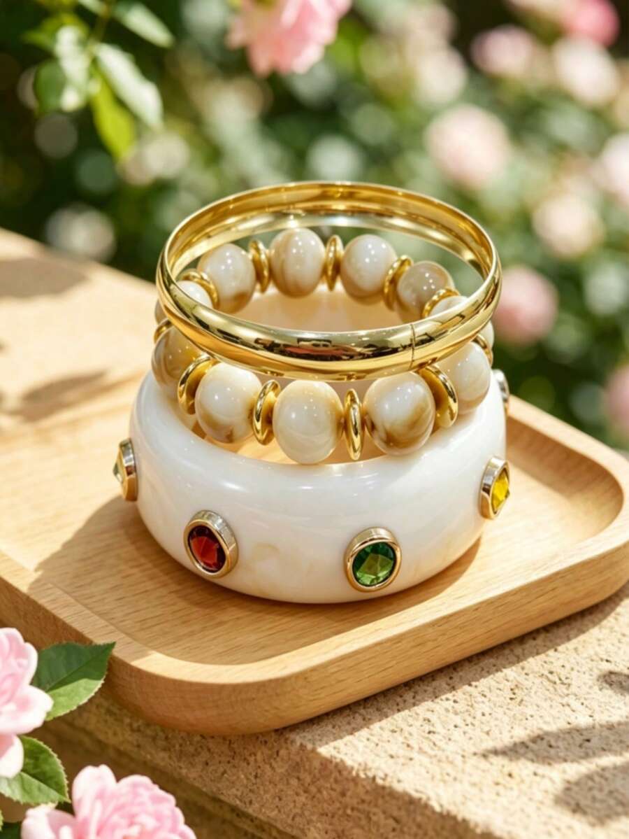 3pcs/Set White & Colorful Diamond Gradient Resin Bangle, Handmade Beaded Bracelet, Gold Metal Bangle, Fashionable Women's Layered Jewelry, Suitable For Summer Beach Vacation, Gift For Mom, Girlfriend, Best Friend - Multicolor - View 1