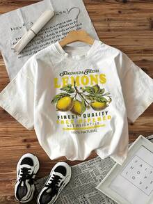 Vintage Short-Sleeved Crew Neck T-Shirt With Retro Lemon Pattern And 'PREMIUM FRESH LEMONS' Print, Summer Top - White - View 1