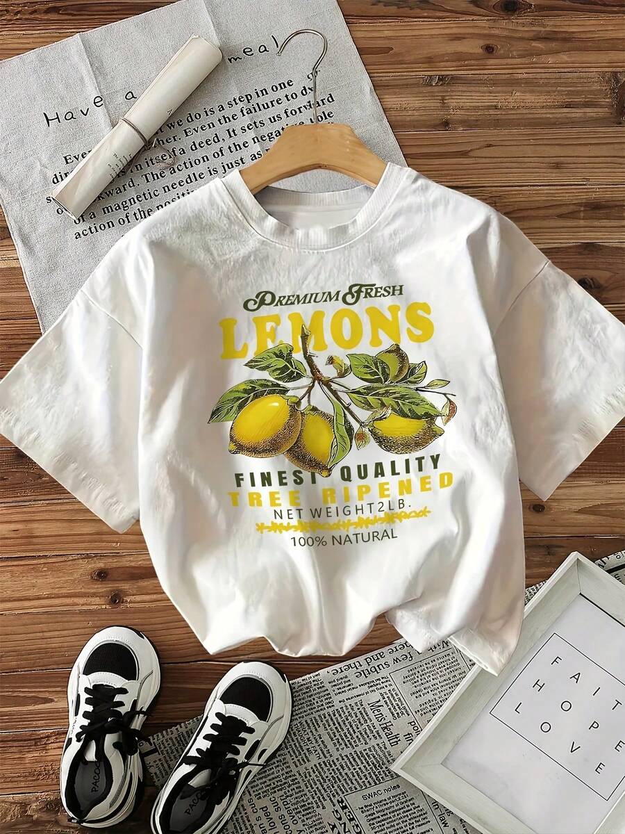 Vintage Short-Sleeved Crew Neck T-Shirt With Retro Lemon Pattern And 'PREMIUM FRESH LEMONS' Print, Summer Top - White - View 1