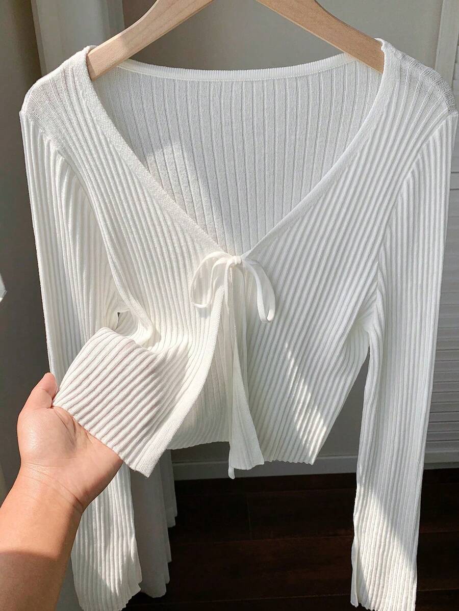 Cárdigan de punto de manga larga con cuello en V y lazo frontal informal para mujer - Blanco - Ver 1