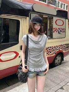 法式溫柔灰色蕾絲領針織背心，極簡性感風，修身百搭夏季款 - 灰色 - 查看 5