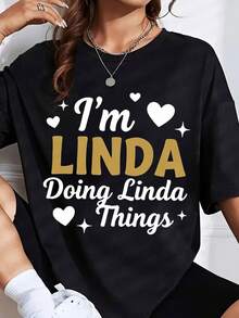Im Linda Doing Linda Things Graphic Shirt For Women Casual Top With Heart And Star Design Fun Statement Tee For Everyday Wear, It Is A Perfect T-Shirt To Give To Friends And Family On Any Holiday Or Festive Occasion, 220g - 黑色 - 查看 2