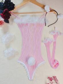 Naughty Roleplay Costume, Fishnet Lace Trim Camisole Bodystocking With Headpiece, Armband And Stockings, Lingerie Set Women Teddy Lingerie Babydoll Nightgown Lace Lingerie Sheer Mesh Lingerie  Valentines Lingerie - 粉色 - 查看 7