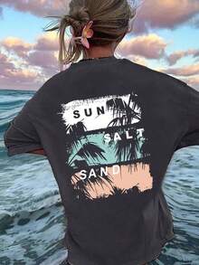 Tween Girls Palm Tree Print Round Neck Short Sleeve T-Shirt, Summer Top - Dark Grey - View 1