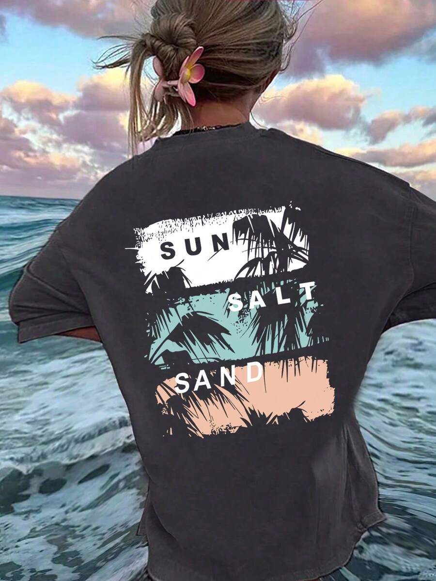 Tween Girls Palm Tree Print Round Neck Short Sleeve T-Shirt, Summer Top - Dark Grey - View 1
