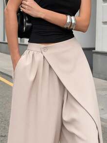 Women's Wide Leg Suit Pants, High Waist Gothic Japanese Style Loose Asymmetrical Long Pants, Casual Street Style, Solid Color Woven Fabric Button Academy Office Daily Airport Outfit Spring Summer - Light Apricot Color - View 6