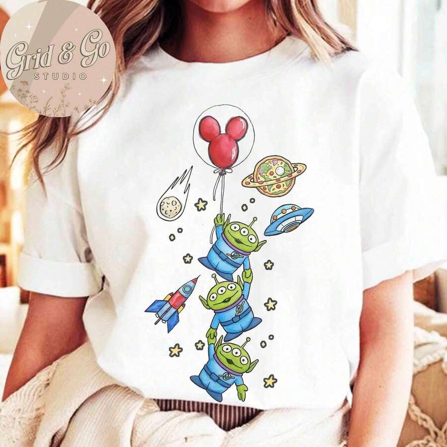Disney Toy Story Aliens Tee | Hand Drawn Space Adventure Graphic Print T-Shirt, Cute Men Rocket UFO Short Sleeve Top, 100% Cotton Aesthetic Kawaii Casual Outfit - 白色 - 查看 1