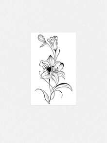 1件時尚防水百合花線條藝術臨時紋身，漸層花苞設計適用於側腰，適合人群，素描風格 - 黑色 - 查看 2