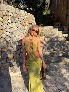 Vestido Halter Abalorios Vacacional Nuevo - amarillo ganso - Ver 3