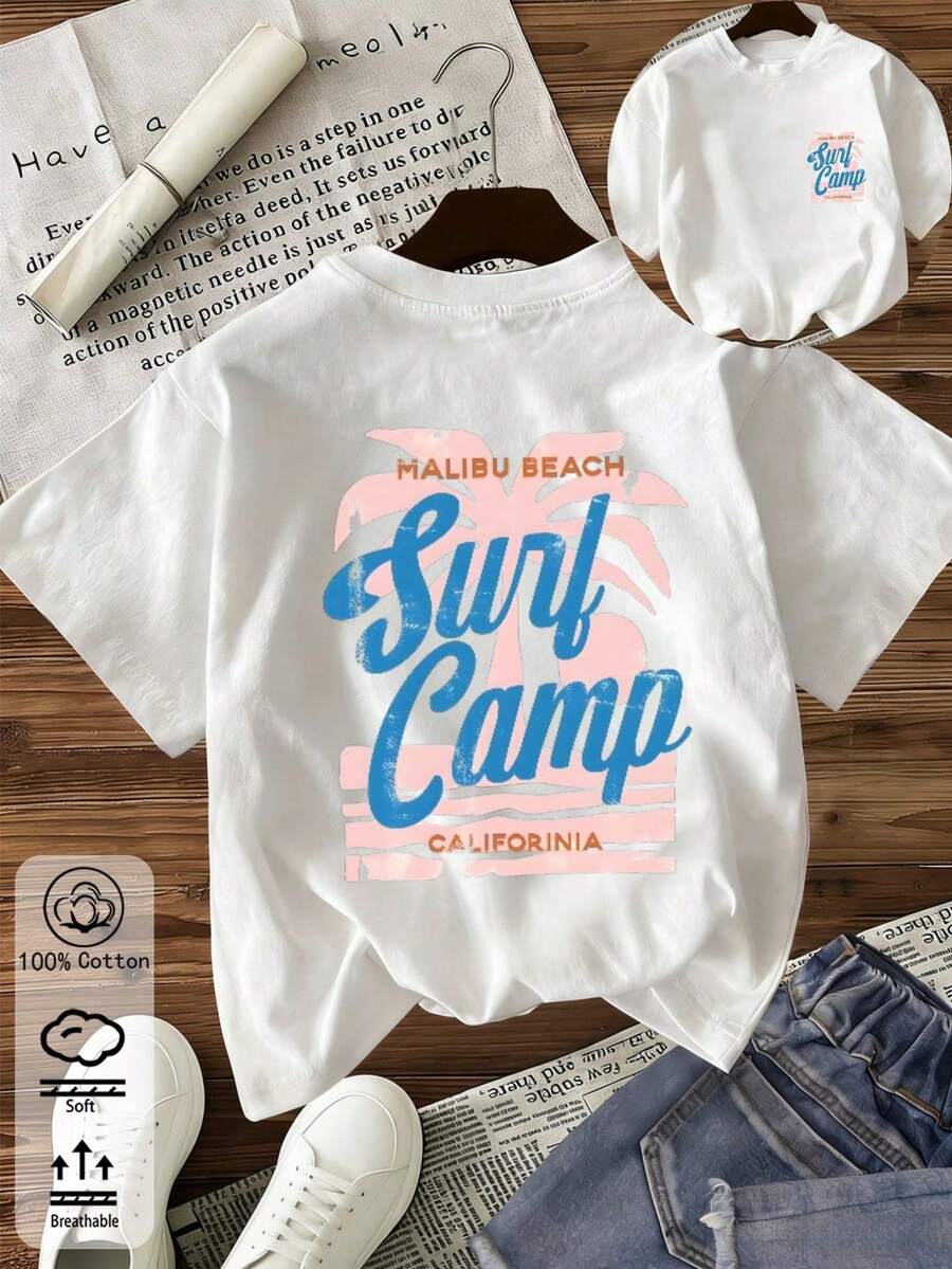 Spring/Summer Oversized Tops, 100% Cotton, Women's Short Sleeve T-Shirts, Retro Beach Surf Print, Solid Color, Crew Neck, Soft And Comfy, Casual Wear, Urban Wear, Y2K, Beach, Graduation, Vacation, Tops, Summer, Spring, T-Shirt, Gym, Sports, Party Tops, Vintage, Carnival, Valentine's Day, Maija, Women's Blouses, Women's Summer Clothing, Spring Outfit, Funny Vacation T-Shirts, Beach, Casual, Cute Blouses, Black Blouses, Summer Blouses, Women's Spring Blouses, Women's Easter Clothing, Carnival, All Seasons, Office/Lounge/Home/Minimalist, Women's Western Clothes, American Retro Style, Unisex, Outerwear, Autumn, Women's Plus Size, Valentine's Day, Carnival, Vacation Tops - White - View 1