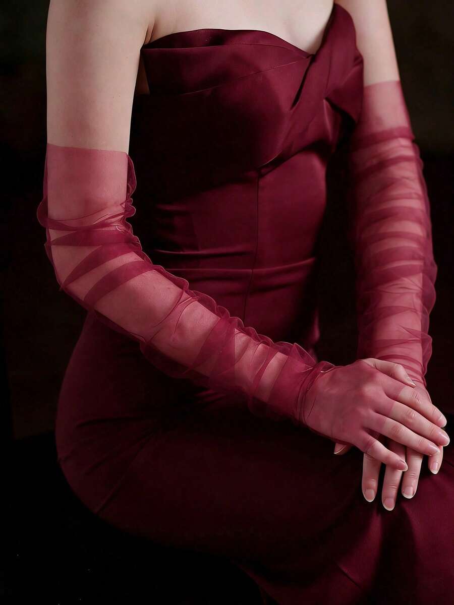 1 对简约酒红色长款新娘袖套，婚礼派对礼服配饰