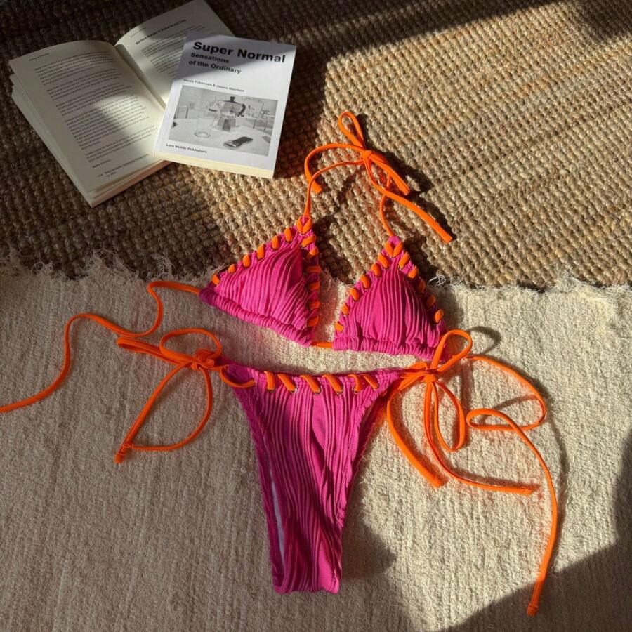 New Two-Piece Bikinis With A Fresh, Sweet Style And - 玫紅色 - 查看 1