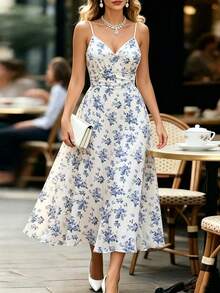 Damen lässig Elegant Blümchen Maxikleid, Boho-Stil, geeignet für Strandurlaub und tägliche Dates, Sommer - Blau - Übersicht 2