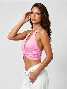 Womens Halter Tank Tops Summer Fashion Solid Color Backless Twist Front Crop Vest - Pink - View 4